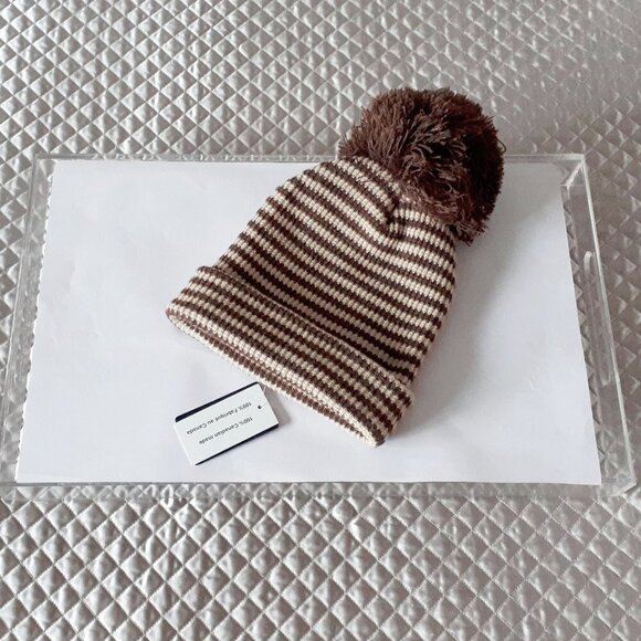 NWT Norla chocolate brown & camel tan striped beanie with knit thread pom pom - Picture 5 of 5